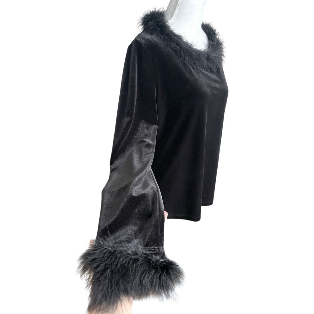 Vintage 90s Black Velvet Long Sleeve Top Fur Feather Trim Vampy Gothic Glam Sz M - Picture 4 of 12